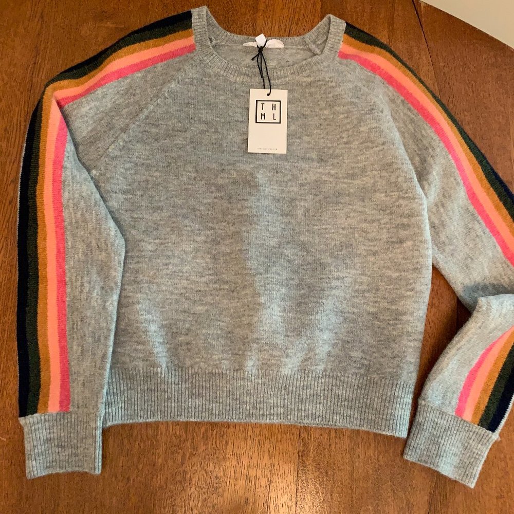 THML Rainbow Striped Sleeve Gray Sweater